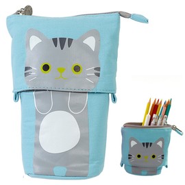 Ytuomzi Telescopic Pencil Pouch Standing Pen Holder Cute Pencil Bags Stand Up Pen Case Cartoon Pencil/Pens Storage Box Canvas+PU Stationery Organizer Makeup Bag with Zipper Closure (Blue)