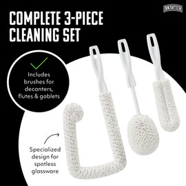 Brushtech 3-Piece Sommelier’s Washing Kit - USA Made Glass Cleaning Brushes with Tapered Foam Heads for Decanters, Flutes, Goblets - Scratch-Free Handles & Long-Lasting Shape Retention