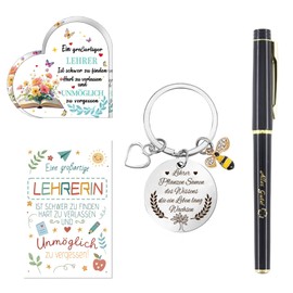 Henjunu Teacher Gift Farewell 4 Sets, Thank You Gifts for Teacher, with Thank You Keyring, Lucky Charm Pen, Teacher Heart-Shaped Acrylic Home Decoration, Gifts for Educator, multicoloured