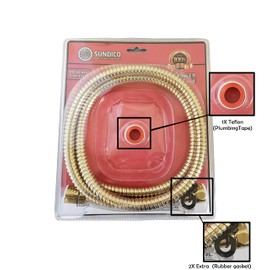 Extra Long Premium 80 inches Flexible Stainless Steel Golden Double Buckle Shower Hose Tube Polyethylene Set includes the Plumbing Tape and 2 Additional Rubber Gaskets For Handheld Showerhead.