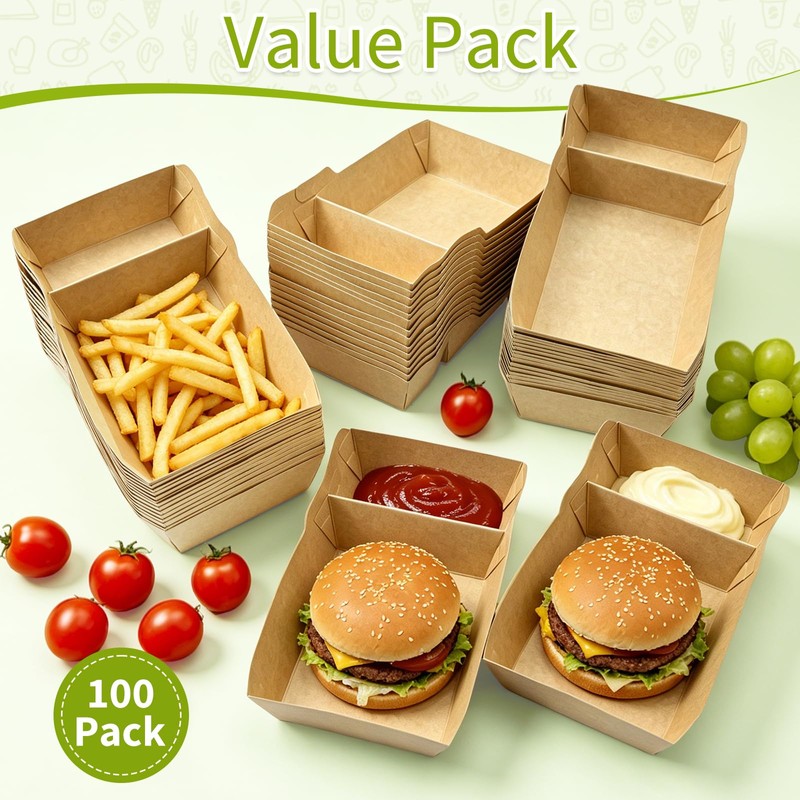 100 Pack Paper Food Serving Trays, 2 Compartment Nacho Boat