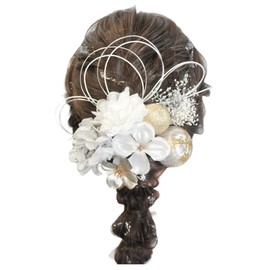 [Lomeri] Romeri Mizuhiki Arrangement Hair Ornament, Dry Flowers, Coming of Age Ceremony, Graduation Ceremony, Wedding, Hakama K21 (White x Silver)