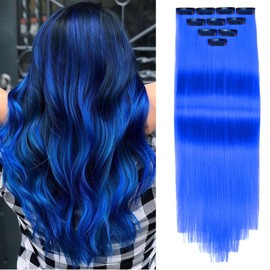 Yamel Colored Hair Extensions 10 Pieces 20 inch Sapphire Blue Clip in Hair Extensions for Women Synthetic Straight Hairpieces for Christmas Costume Party