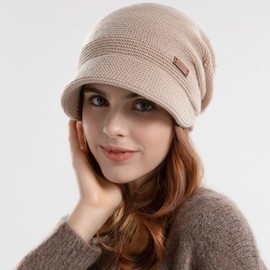 Enwokran Women Winter Knit Visor Hat Fleece Lined Warm Pullover Beret Hat, Newsboy Cap with Brim Cloche Ear Protection Hat for Women (Khaki)