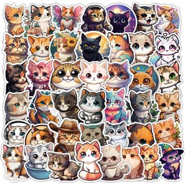 100 pcs Vinyl Cat Stickers - Cute & Kawaii Kitty Faces, Space Cats, Magic Cats & Gaming Cats, Waterproof for Water Bottles, Laptops, Planners - Perfect for Kids & Teens