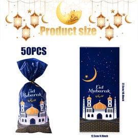 Eid Mubarak Gift Bags, Pack of 50 Eid Mubarak Party Bags, Ramadan Theme Mosque Printed Pattern Gift Bag Eid Mubarak Party Bags with 50 Twist Ties for Eid Mubarak Party Decoration (Blue)