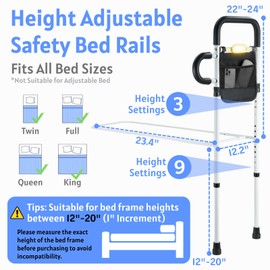 Jesosia Bed Rails for Elderly Adults Safety - Medical Bedside Assist Rail with Motion Sensor LED Light & Pouch - Adjustable Bed Cane Dual Side Grab Bar Handrails for Seniors Fits Twin Full Queen King