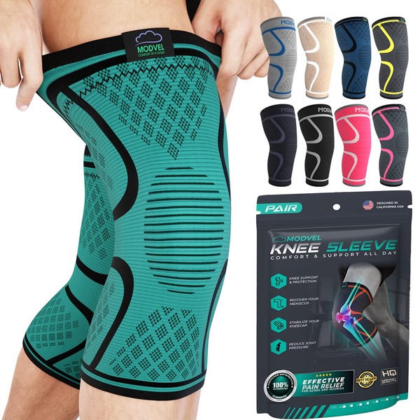 Modvel Knee Compression Sleeve for Knee Pain Relief & Knee Support - Pack of 2 Knee Sleeves for Women & Men, 1 Pair of Knee Brace for Running, Workout, Sports, & Injury Recovery - Medium, Turquoise