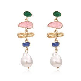 StyleJella Elegant Irregular Colorful Baroque Pearl Dangle Earrings for Women - Gold Long Pearl Drop Dangling Vintage Green Colored Glaze Enamel Trendy Wedding Prom Bridal Jewelry
