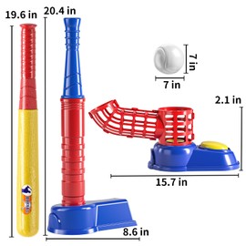 TEMI 2 in 1 Tee Ball Set for Kids 3-8, Kids Baseball T-Ball Set with 10 Balls, Step on Pitching Machine, Batting Tee, Outdoor Sport Toy Games for 3-12 Year Old Boys Girls Toddler