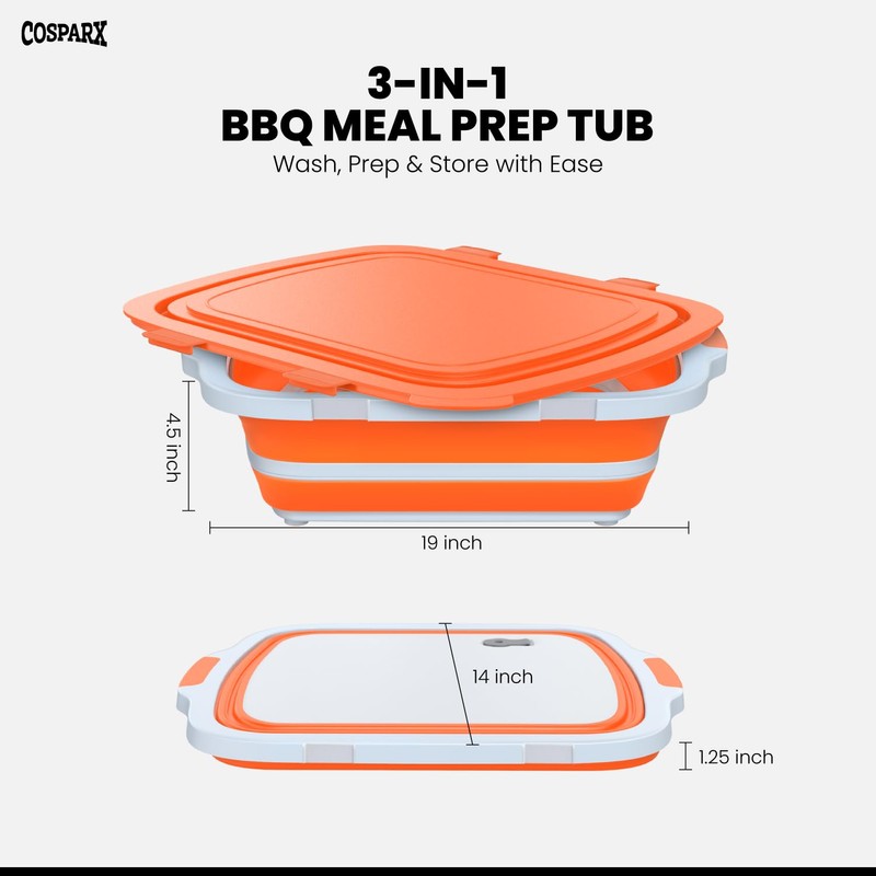 XL Collapsible BBQ Prep Tub with Cutting Board & Drain