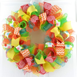 Summer Wreath - Teacher Gift Present | Classroom Decor - Birthday Party Mesh Front Door - Red Yellow M4