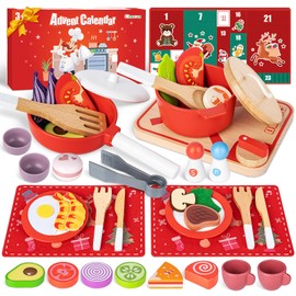 Christmas Advent Calendar Gifts for Kids, Commodum Kids Wooden Play Cooking Set, Pretend Play Kitchen Accessories Toys, 24 Days Countdown Xmas Surprise Holiday Toddlers Girls Gifts Ages 3+