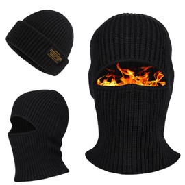 LINSOCLE Pack of 2 Balaclava Hats, Multifunctional Warm Balaclava, Winter Balaclava, Beanie Hat, Ski Mask, Knitted Ski Mask for Men and Women in Black, Hat with a Mask with Hole, Black (black-2)