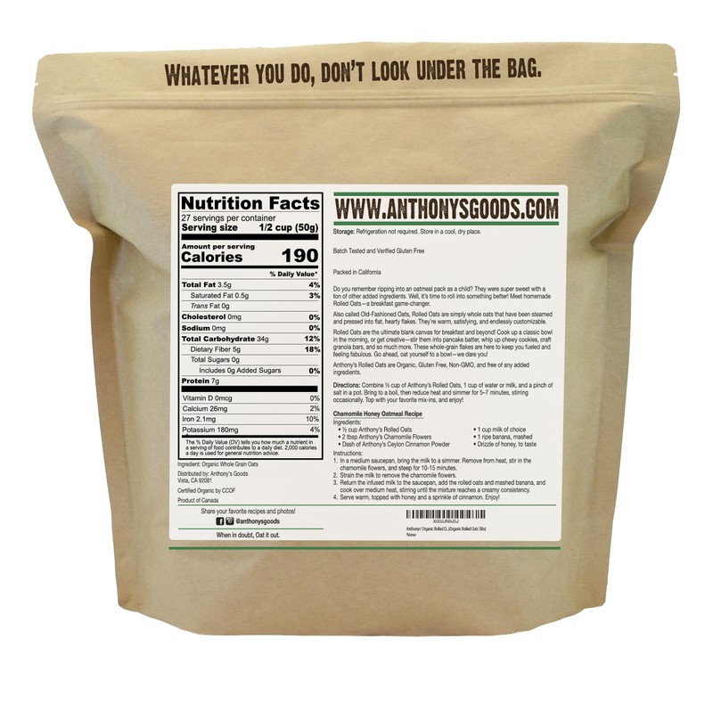 Anthony's Organic Rolled Oats, 3 lb, Gluten Free, Non GMO,