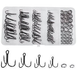 Treble Hooks and Split Rings Kit, 130Pcs Assorted Classic High Carbon Steel Fishing Triple Hooks Heavy Duty Stainless Steel Split Ring for Fishing Lures Saltwater Freshwater