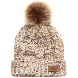 ANGELA & WILLIAM Women's Winter Fleece Lined Cable Knitted Pom Pom Beanie Hat with Hair Tie. (Multi Khaki)