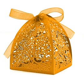 Auto-plaza 50 Pieces Beauty Laser Cut Favor Boxes DIY Wedding Birthday Gift Candy Boxes with Ribbons (Gold)