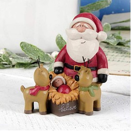 Blossom Bucket Small Santa Claus Figurine with Baby Jesus and Reindeer, Christmas Decoration, 4 X 4 Inches