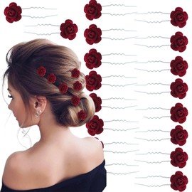 18 Pcs Red Rose Bridal Hair Pins Flower Hair Clips Rose U Shaped Bobby Pins Bridal Wedding Dance Birthday Hair Accessories for Women Girls