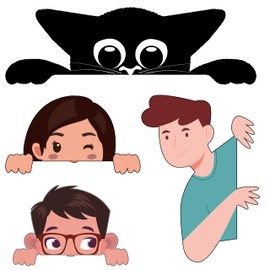 4-Piece Set Peekaboo Characters Wall Decal Sticker Set, Cartoon Cat and People Design, Decorative Vinyl Art,Die-Cut,SUV, Van, Window, Bumper, Wall, Laptop, Tablet, Cup,Tumbler Or Any Smooth Surface