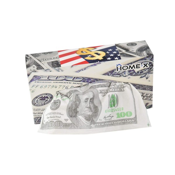 HOME-X Box of Novelty Tissues, Colorful Facial Tissue Box, 100-Count 3-Ply Tissues, 100 Dollar Bill, 8 ½" L x 4 ½" W x 2 ¼" H
