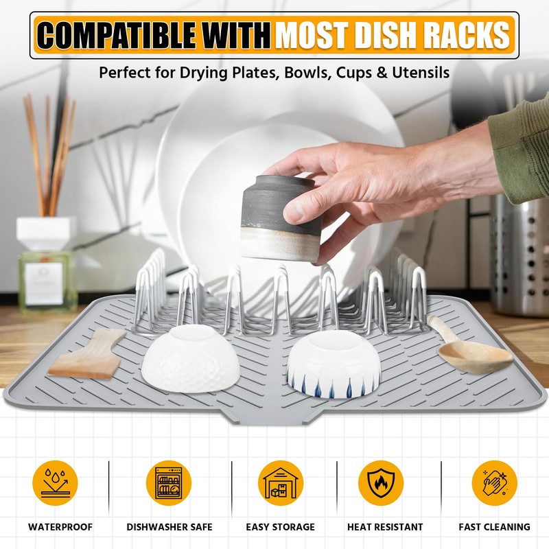 Luxet Silicone Dish Drying Mat with Built-in Drain Lip -