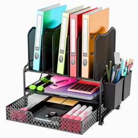 Simple Trending Desk File Organizer with Sliding Drawer, Metal Mesh Double Tray and 5 Upright Section Sorter and 2 Pen Holder, Black