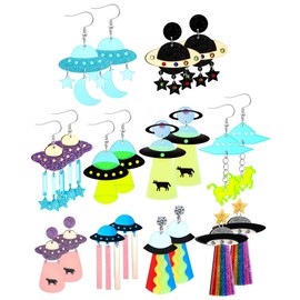 Yinkin 10 Pairs UFO Aliens Earrings for Women Space Weird Acrylic Earrings Flying Saucer Dangle Novelty Fun Glitter Cute Jewelry for Girls, Multiple Colors