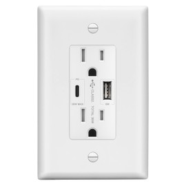 LIDER USB-C 36W Power Delivery Wall Outlet, Duplex Tamper-Resistant Receptacle with USB Type-C/USB Type-A Charging Ports, Interchangeable Face Cover, Modern, UL Listed, Wall Plate Included, White