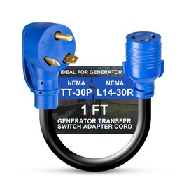 NEMA TT-30P to L14-30R Adapter Cord, 30 Amp 3 Prong to 4 Prong Generator Transfer Switch Adapter Cord, 10 AWG RV Generator Plug to House Inlet Box, ETL Listed, 12 Inch