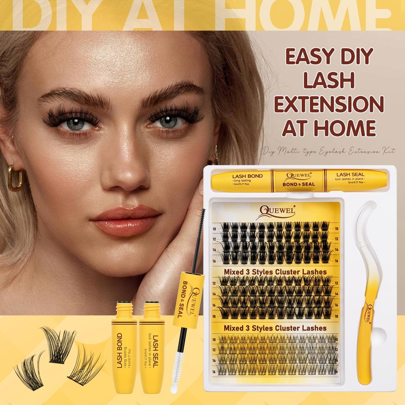 QUEWEL Lash-Cluster Kit 144Pcs D Curl Mixed 3 Styles Eyelashes-Individual