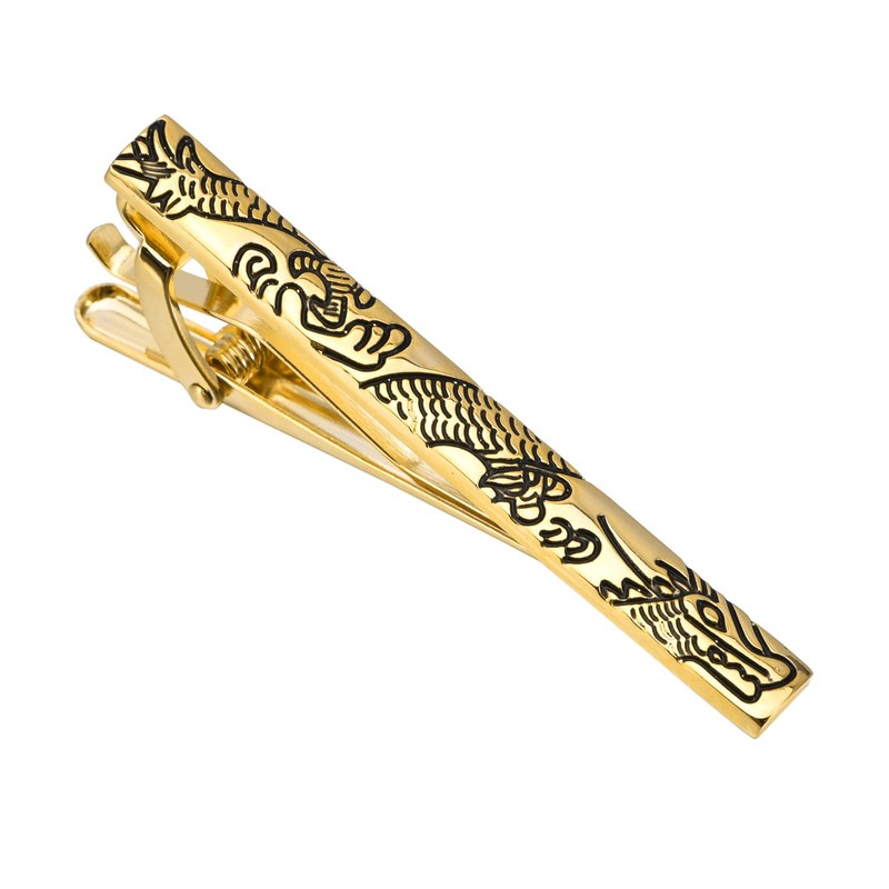 Rockyu Dragon Pattern Tie Clip, Men's, Gold & Silver, Metal,