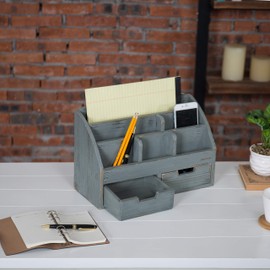 MyGift Dark Gray Wood Desk Organizer, Includes 6 Compartments and 2 Pullout Drawers to Organize Office Supplies and Accessories