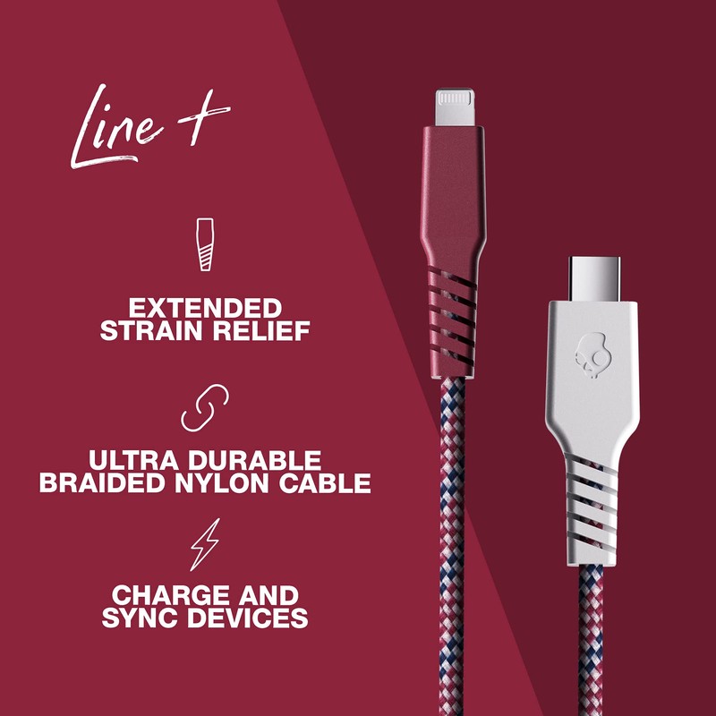 Skullcandy 6-Foot Line Plus Braided USB-C to Lightning Cable (Vice/Crimson)
