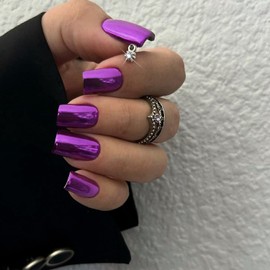 Purple Chrome Square Press on Nails Short Medium, SXVME Metallic Fake Nails Acrylic Press ons, Mirror Metal Chrome Glue on Nails Medium,Short Coffin False Nail in 24 PCS