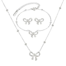 RLHRNDE Bow Necklace Earrings Bracelet Set for Women Bowknot Necklace Stud Earrings Exquisite Gold Silver Bow Bracelet The First Choice For Giving Gifts Christmas Holiday Jewelry (Silver)