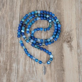 Inspirational Yoga Bead Bracelet 108 Mala Stone Necklace with Dainty Lucky Feather Pendant, Metal Pearl Metal, Agate