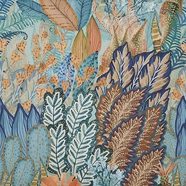 Kt KILOtela - Canvas Fabric Digital Print Upholstery Cushion Curtains Half Panama Cotton Patchwork 100cm Length x 280cm Width Botanical Idah - Blue, Green, Orange - 1 Metre