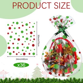 Frienda 72 Pcs Christmas Cellophane Bags Extra Large Clear Gift Basket Wrap Bags Jumbo Plastic Gift Wrapping Bags with Green Bows Ribbon for Christmas, Gifts, Baskets(24 x 30 Inch)