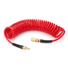 GASHER 1/4" x 25FT Red Reinforced Polyurethane Recoil Air Hose with Bend Restrictor, 1/4" Industrial Quick Coupler and Plug