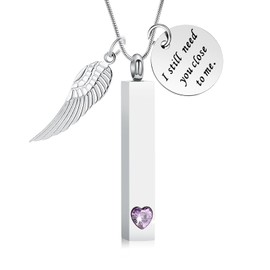 QGJNSGC Cremation Jewelry for Ashes Angel Wing Charm Vertical Bar Urn Necklace Stainless Steel Memorial Keepsake Ash Locket Pendant for Women Men