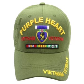 Purple Heart Vietnam Veteran Military Baseball Cap, Olive Green with Embroidered Medals