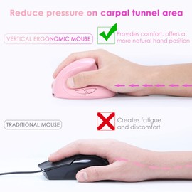 mouse ergonómico, pequeño y recargable vertical con 6 botones ajustables 800/1200/1600 DPI mouse inalámbrico rosa para computadora portátil, computadora de computadora y Mac