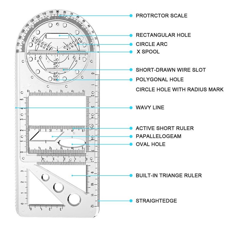 Vicloon Multifunctional Geometric Ruler, Drawing Template Measuring Tool Plastic Measuring