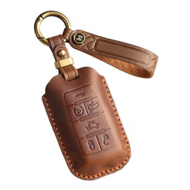 ontto Cowhide Car key cover fit for Dodge RAM 1500 2500 3500 4500 5500 2019-2024 keyless go key holder handmade leather case keyring keychain Smart Shell Accessories 6 buttons Brown