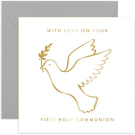 Old English Co. Gold Foil Dove First Holy Communion Card for Him or Her - First Holy Communion Card for Boy or Girl - Religious Faith Special Day Card for Family | Blank Inside with Envelope