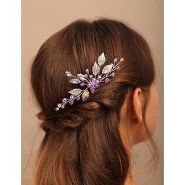 Teyglen Silver Leaf Headpiece Bridal Purple Crystal Hair Comb Amethyst Rhinestone Wedding Hair Comb Simple Hair Piece Hair Accessories for Women