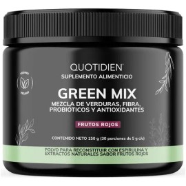 Jugo Verde en Polvo Quotidien Green Mix para Digestión y Energía con Matcha y Probióticos, Sabor Frutos Rojos, 30 Porciones                           