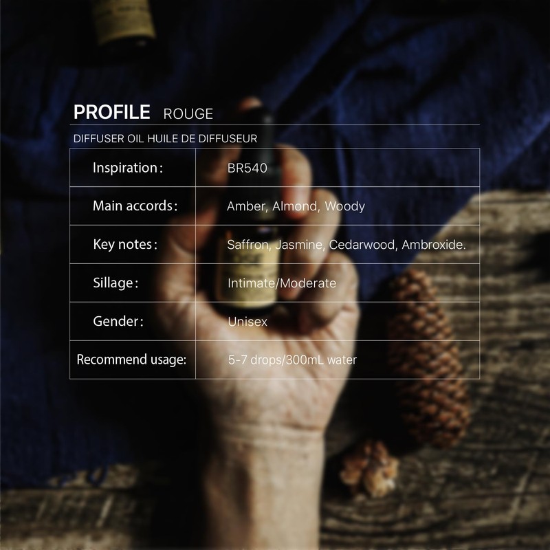 Rouge Diffuser Oil, Ambroxan Molecule-Based Scent, Saffron, Jasmine, Cedarwood Essential